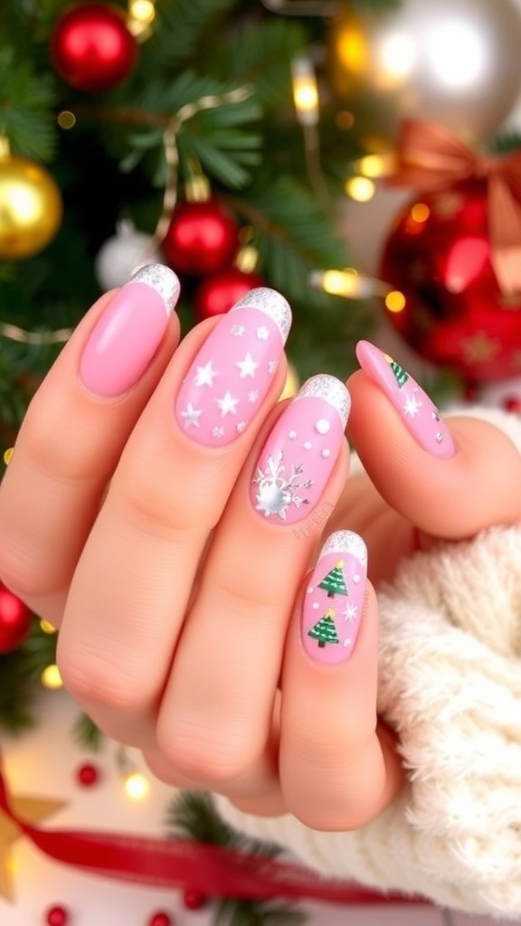 A set of Pink Christmas Gel X Nails with glittery tips and festive designs on a holiday-themed background.